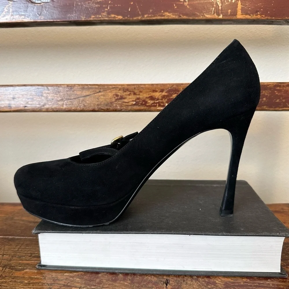 YSL Yves Saint Laurent Black Suede Platform Mary Jane Heels Shoes - Picture 5 of 16